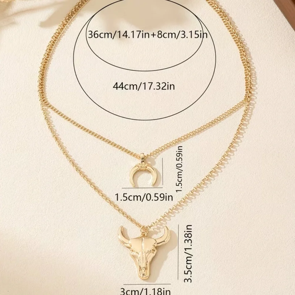 NEW Ethnic Gold Bull and Crescent Necklace. Vintage Cow Skull Pendant Necklace 🐂